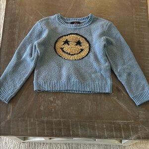 Iz Byer Blue Sweater with Gold Smiley Face